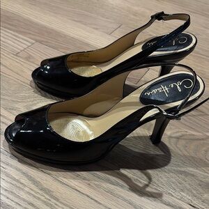 Cole Haan Black Patent Leather peep toe Slingback Heels Pumps Shoes 8.5